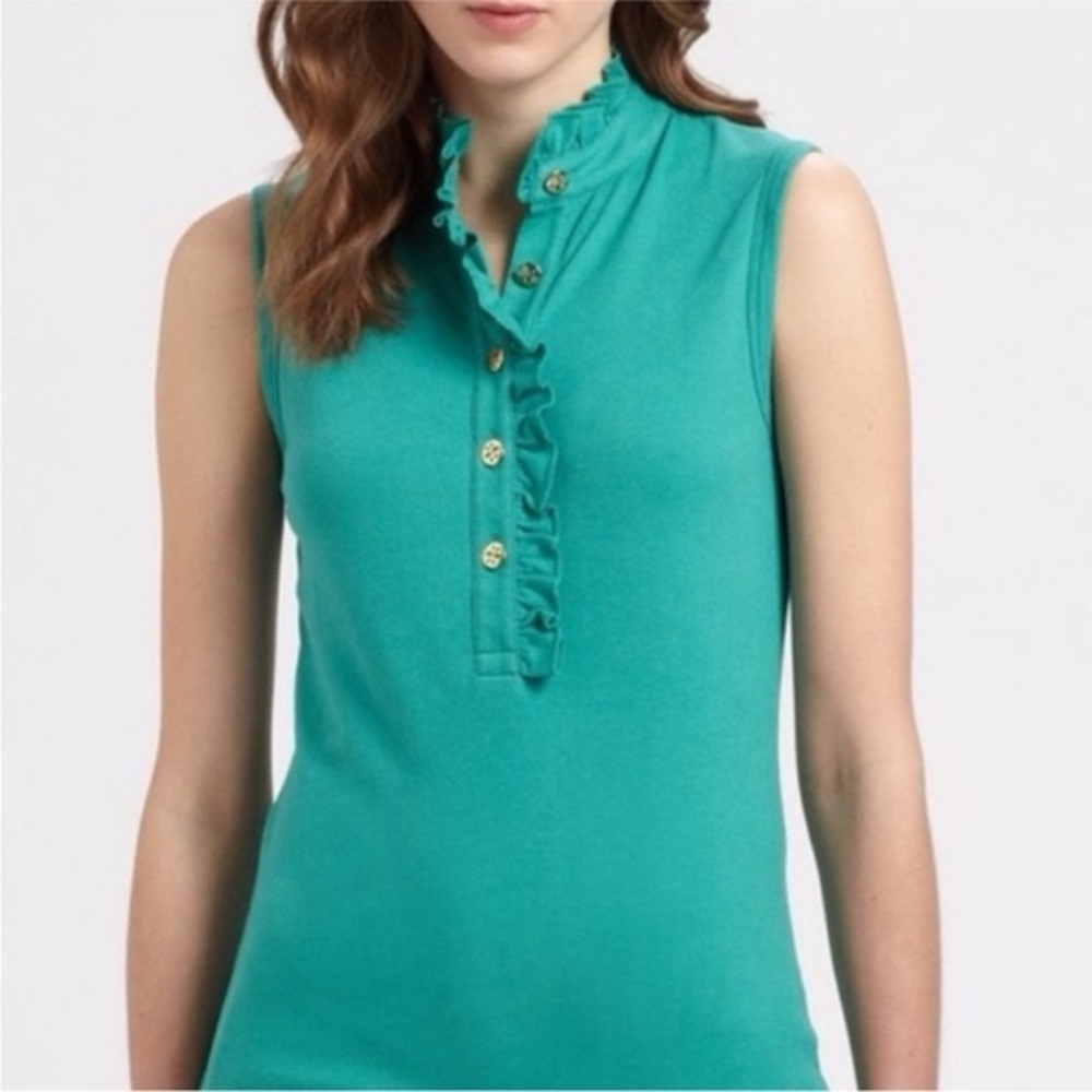 Tory Burch Lidia sleeveless top in green with ruffles and gold-tone logo size L.